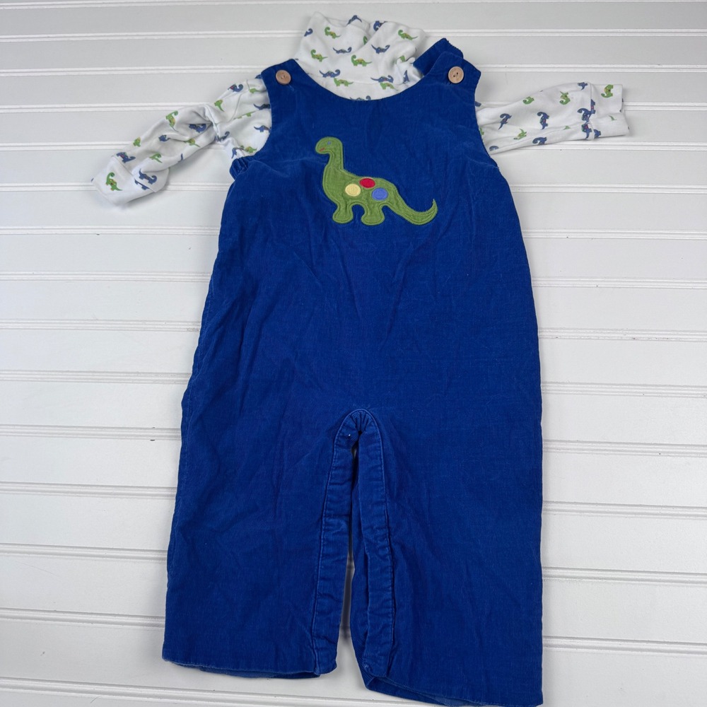 Little English Baby Boy 12M Dinosaur Overalls with Dino Turtleneck